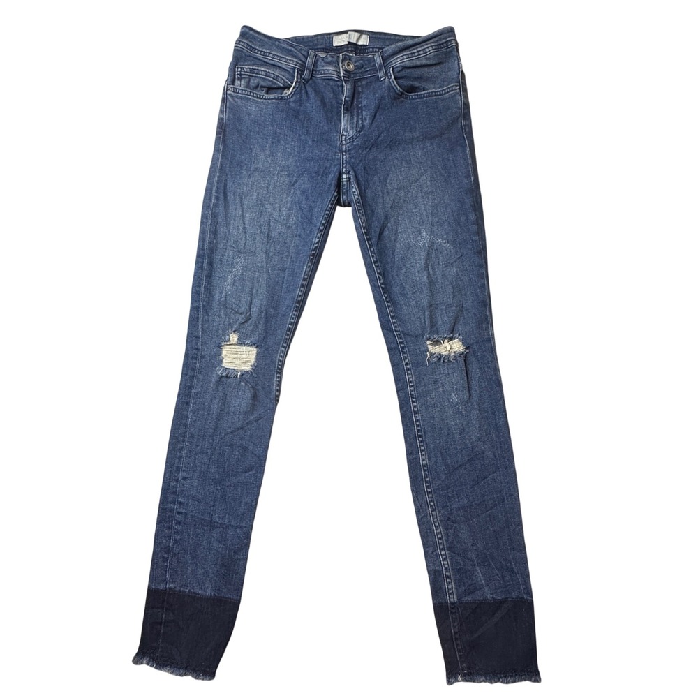 Zara Jeans Womens 29 Blue Basic‎ Denim Skinny Distressed Shadow Hem Mid Rise